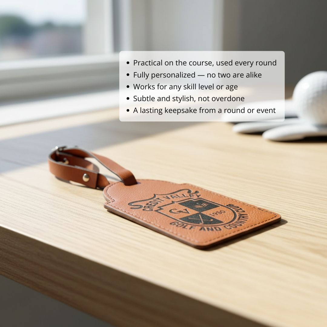 Tan leather golf bag tag with embossed sample logo design and brown leather strap attachment, displayed on wooden table