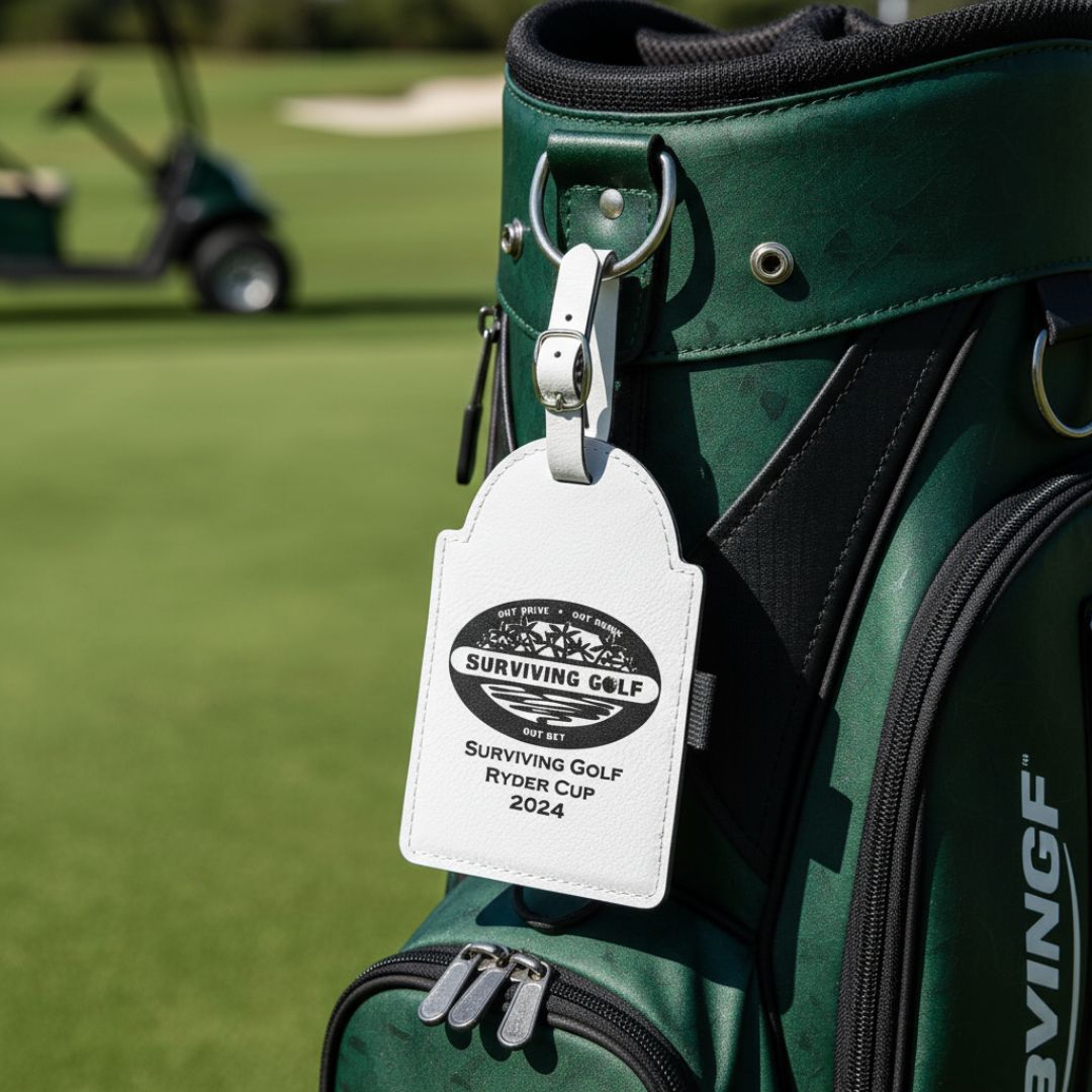 White leather golf bag tag attached to green cart bag, engraved with sample logo "Surviving Golf" and "Surviving Golf Ryder Cup 2024" text, shown on course with golf cart in background
