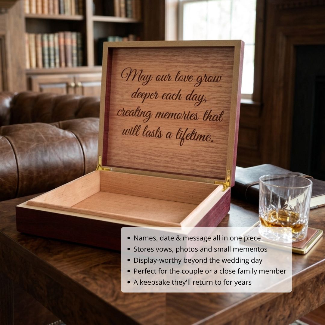 Wooden keepsake box with laser-engraved sample message "May our love grow deeper each day, creating memories that will lasts a lifetime" on hinged lid, shown open displaying interior cedar lining