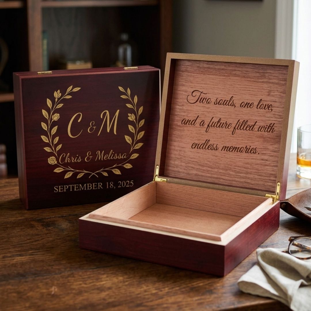 Burgundy wooden keepsake box open, showing personalized laser-engraved lid with sample monogram "C & M" and laurel wreath, interior lid engraved with sample message "Two souls, one love, and a future filled with endless memories," and natural cedar wood interior storage compartment.