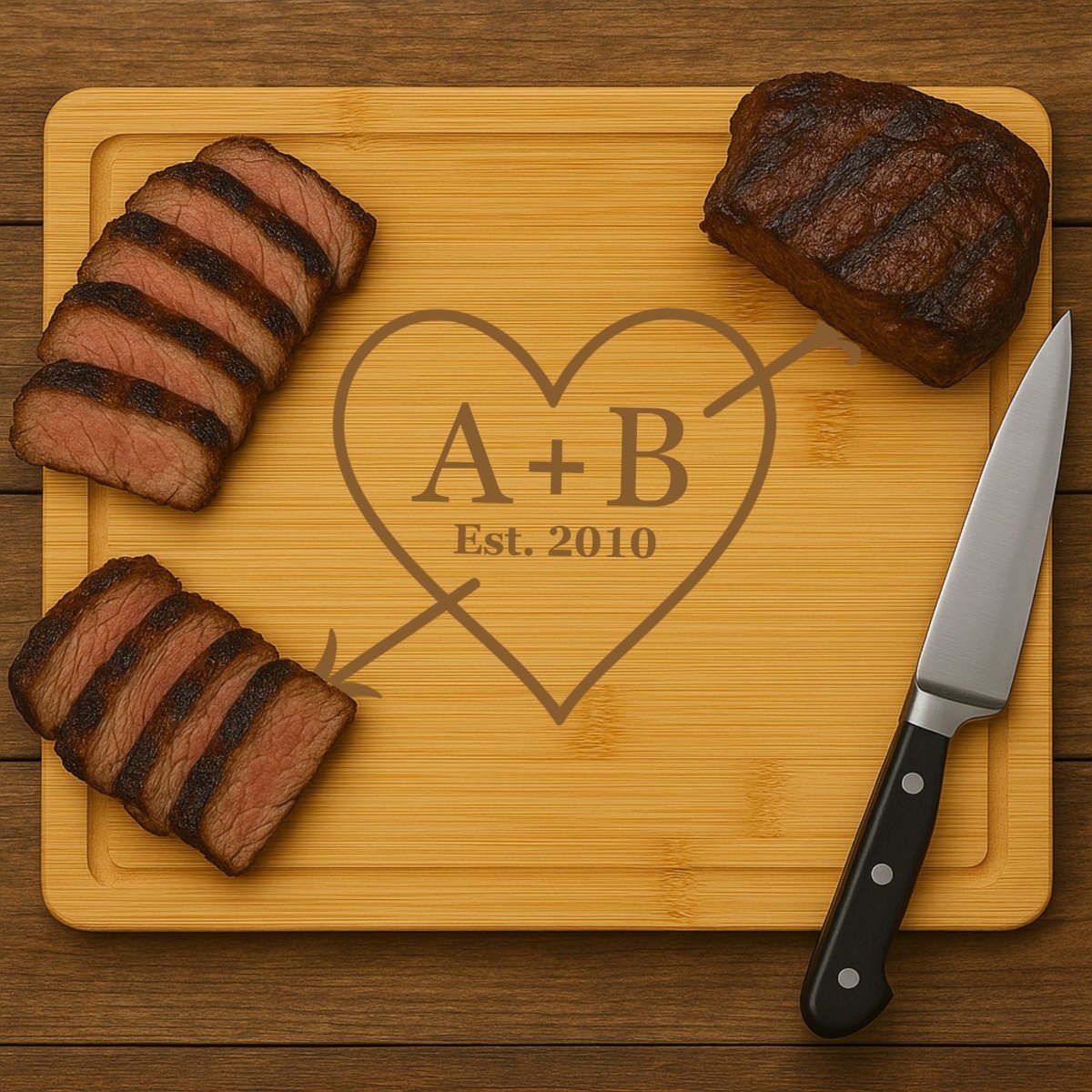Personalized bamboo cutting board with engraved heart, initials, and “Est. 2010” for anniversary gift