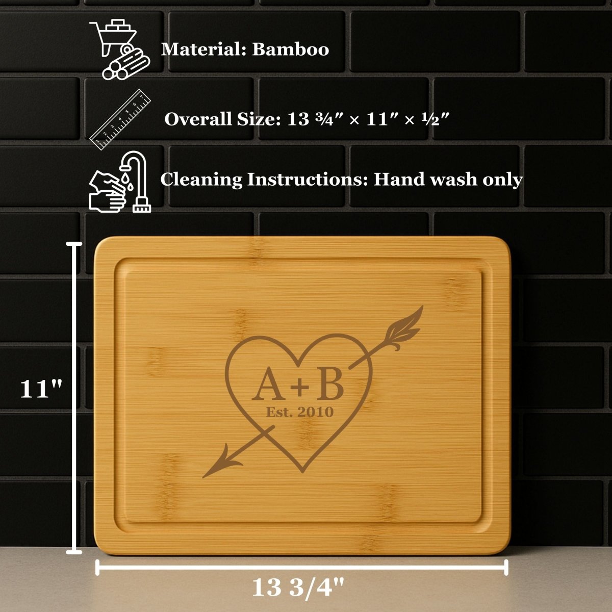 Personalized bamboo cutting board with engraved heart, initials, and “Est. 2010” for anniversary gift