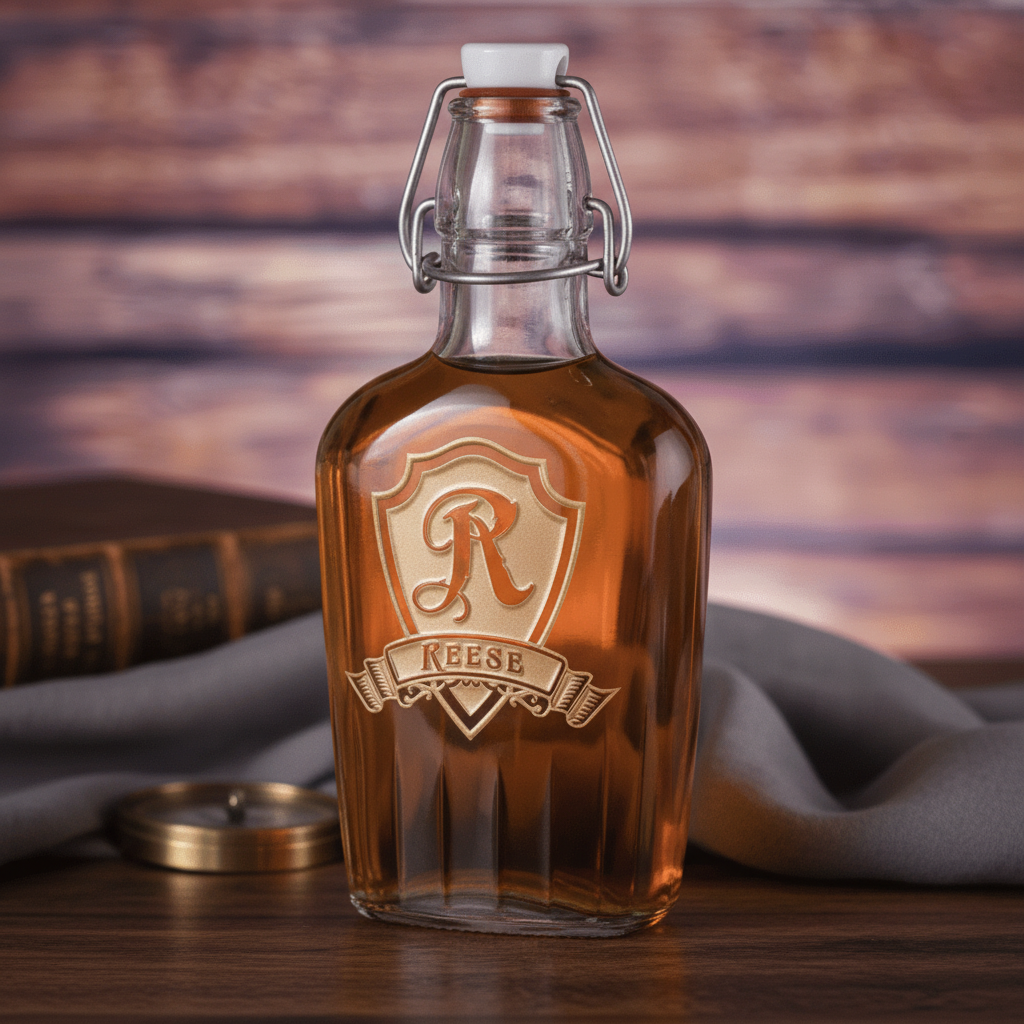 Glass flask with swing-top closure filled with amber liquid, engraved with sample shield crest design and "REESE" name banner in sand-carved lettering