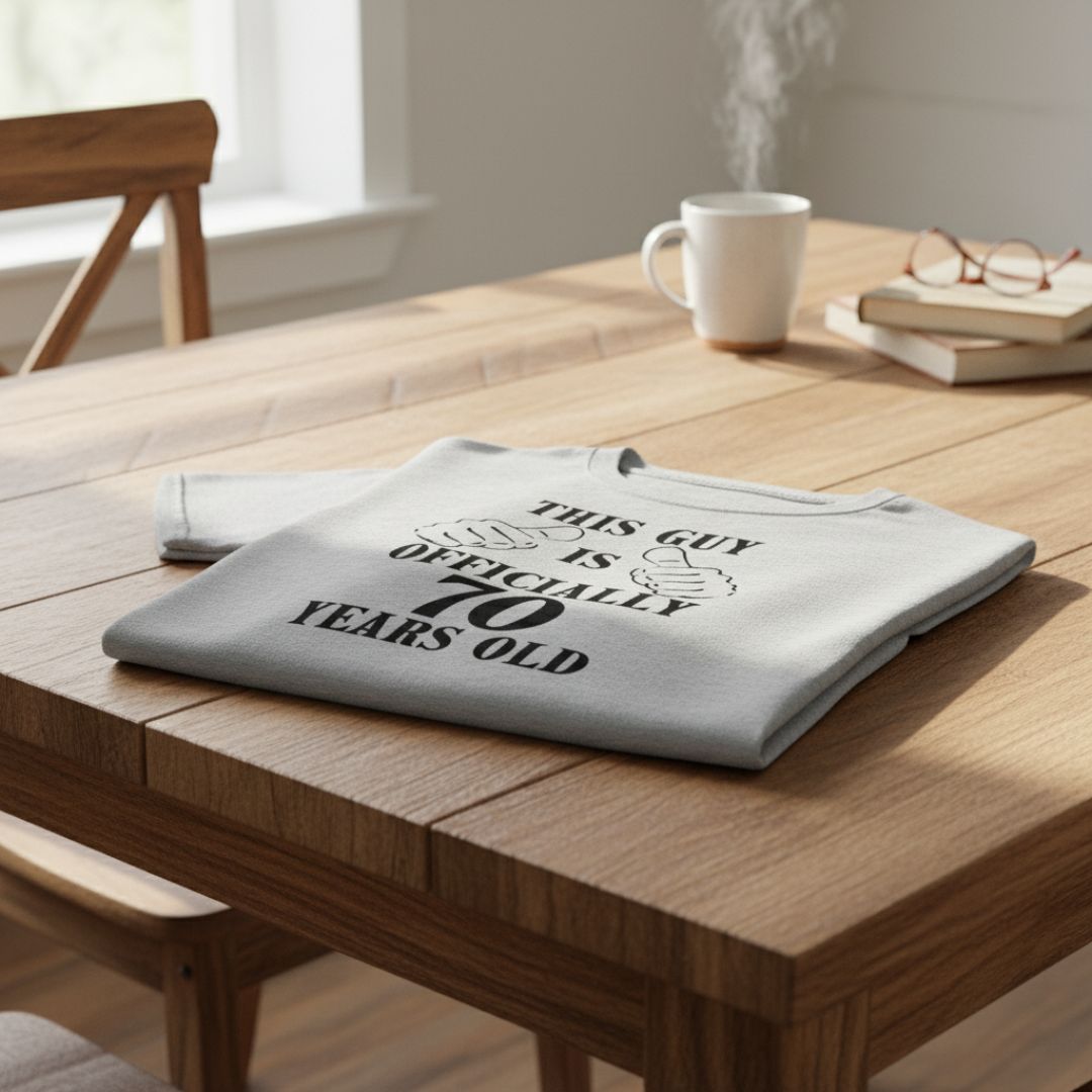 Light grey t-shirt with black printed text reading "This Guy is Officially 70 Years Old" displayed on wooden table