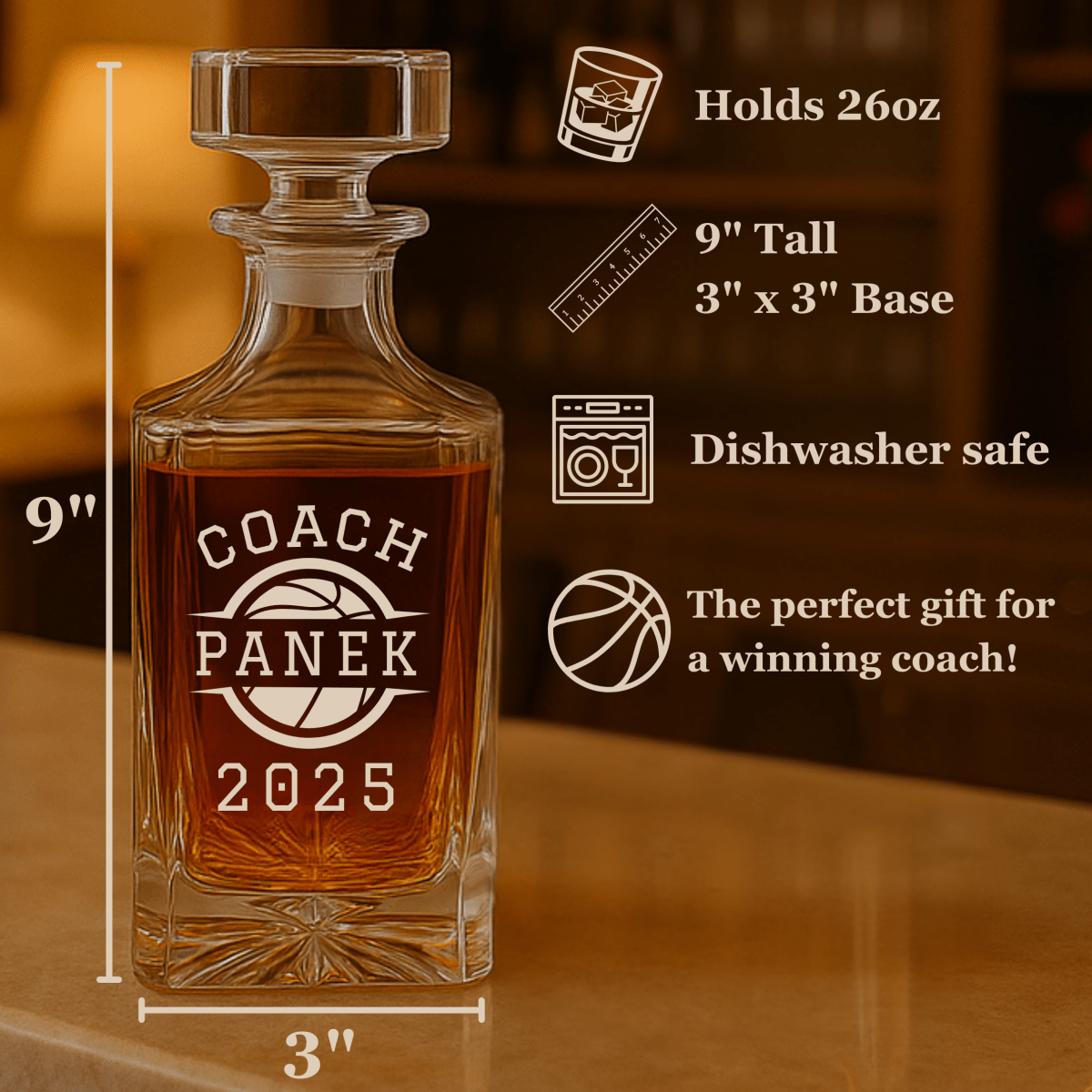 Unique Personalized Basketball Coach Decanter Customized basketball Whiskey Glasses Gifts for Men by Groovy Guy