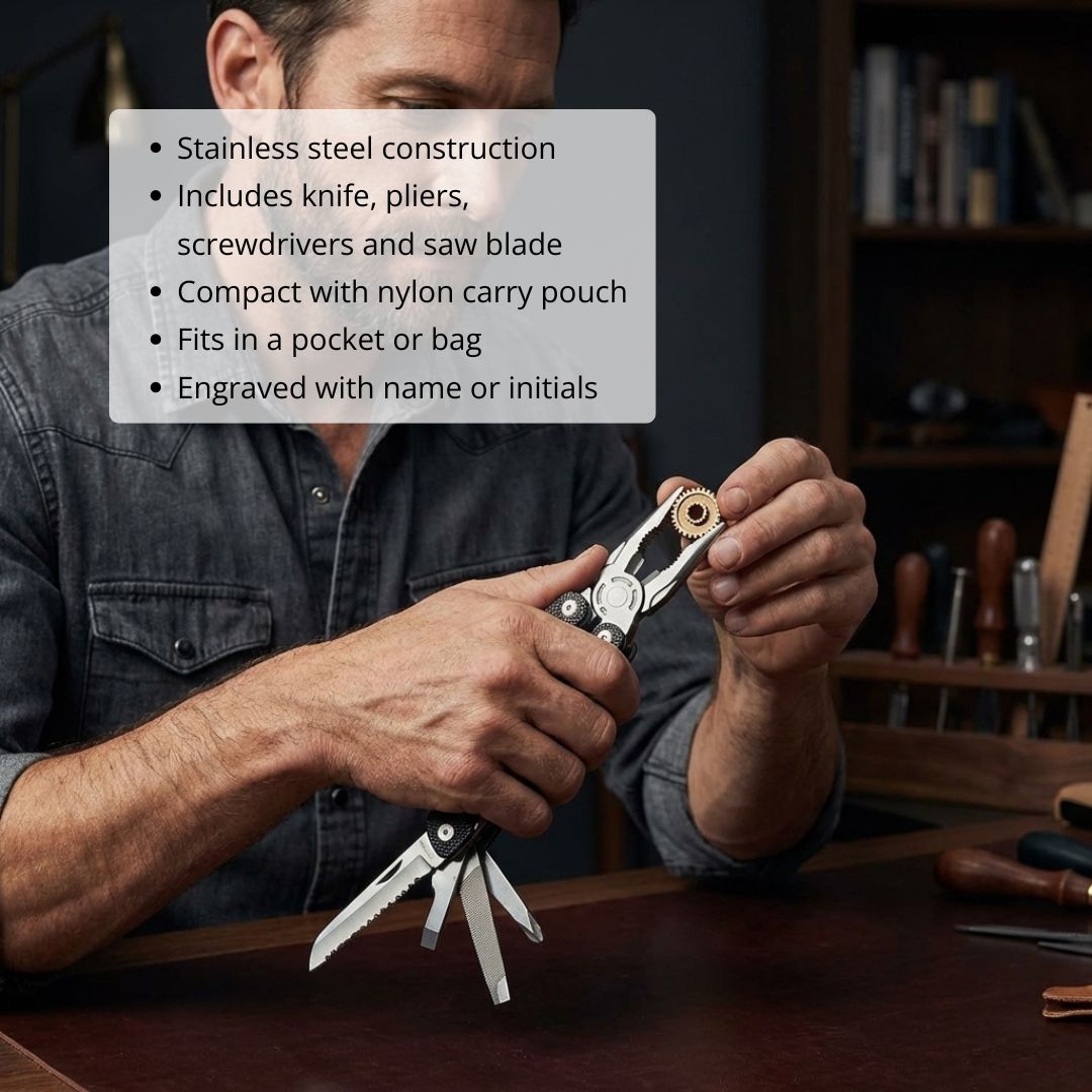 Man holding open multi-tool with knife and saw blade extended, displaying stainless steel construction and folded tools