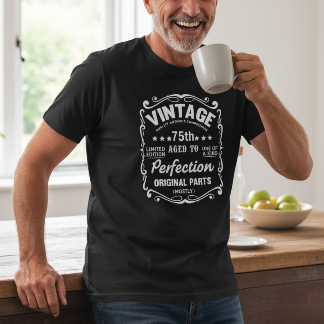 Black t-shirt with vintage-style white graphic reading "Vintage 75th Limited Edition Aged to Perfection Original Parts Mostly