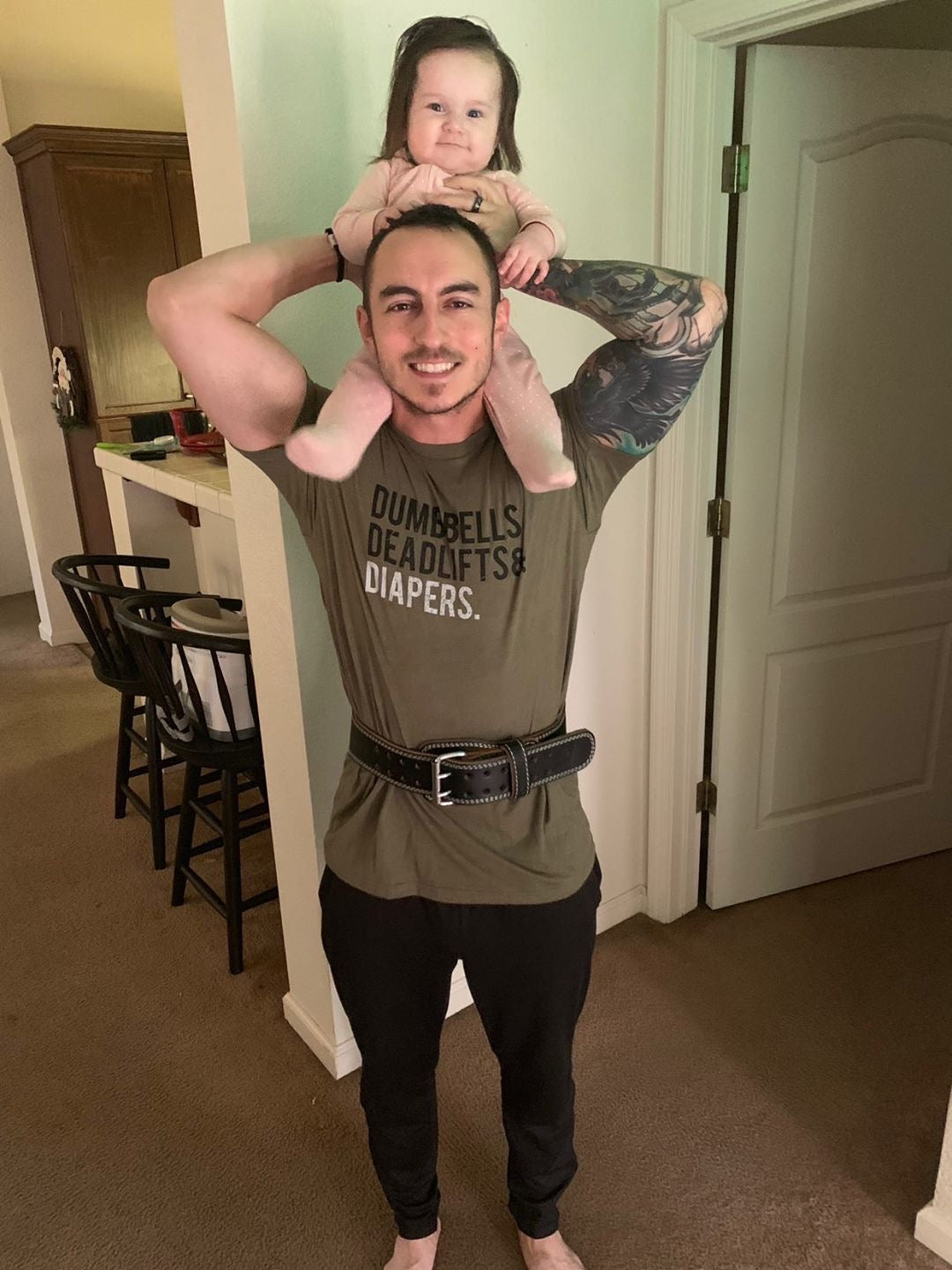 Black Triple D dad shirt with “Dumbbells, Deadlifts & Diapers” print, cotton-poly blend.