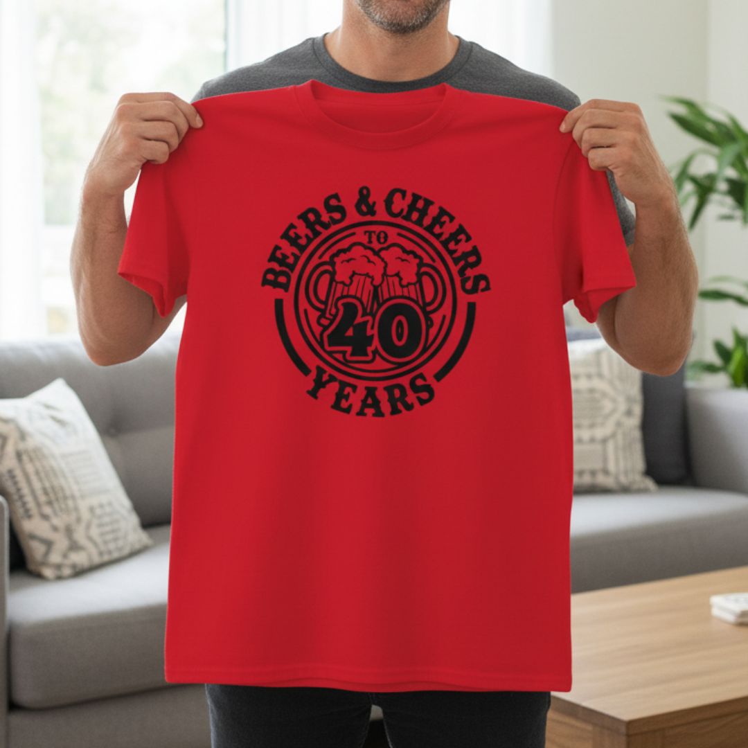Red t-shirt with black circular design reading "Beers & Cheers to 40 Years" featuring beer mug graphics, displayed on model