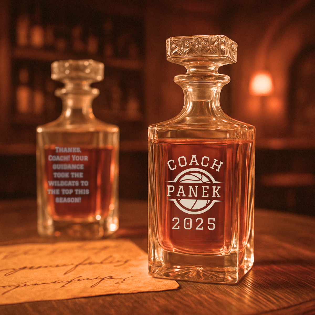 Unique Personalized Basketball Coach Decanter Customized basketball Whiskey Glasses Gifts for Men by Groovy Guy