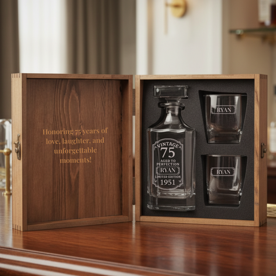 Wooden whiskey decanter set with personalized decanter engraved with sample name "RYAN" and "Vintage 75 Aged to Perfection 1951" label, accompanied by two matching glasses, displayed in open pine chest with engraved interior message