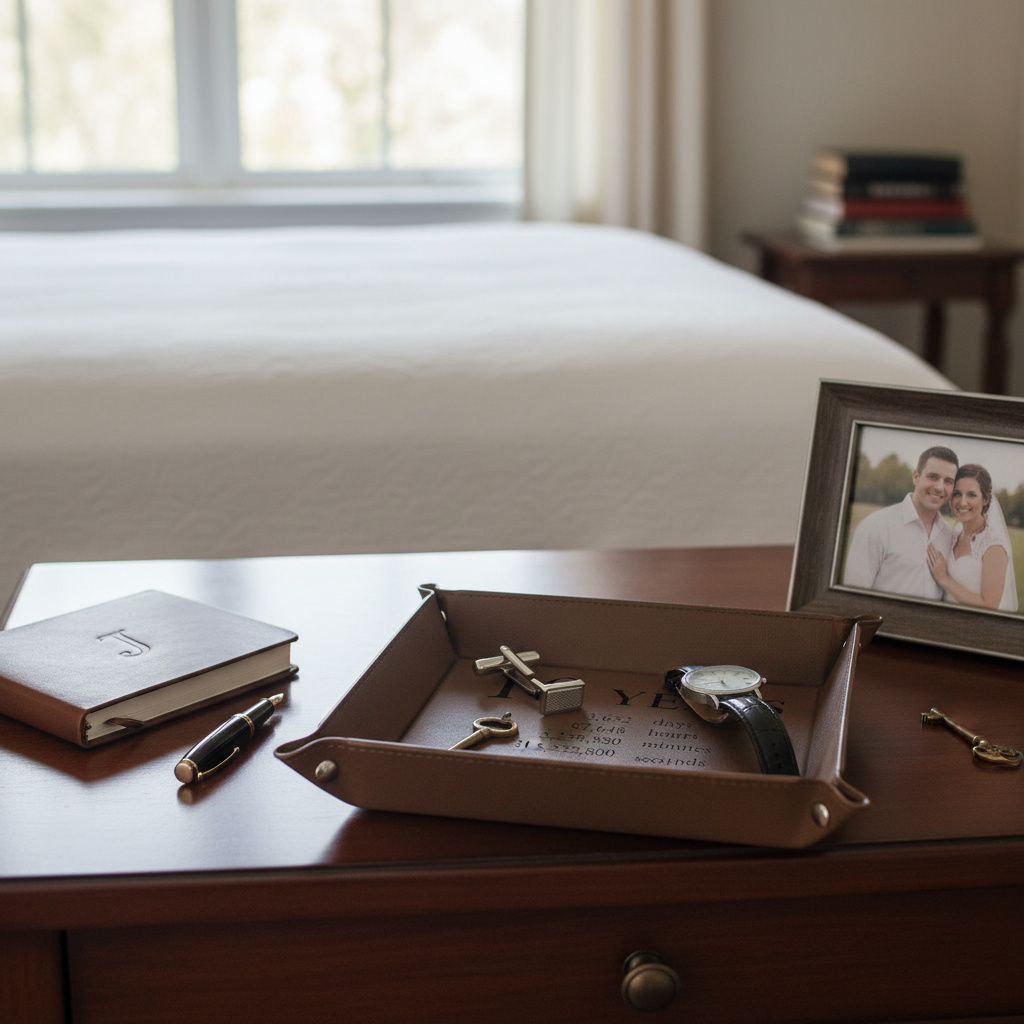 Tan leather valet tray displayed on bedroom dresser holding watch, cufflinks, and pen, styled with framed photo and leather journal nearby