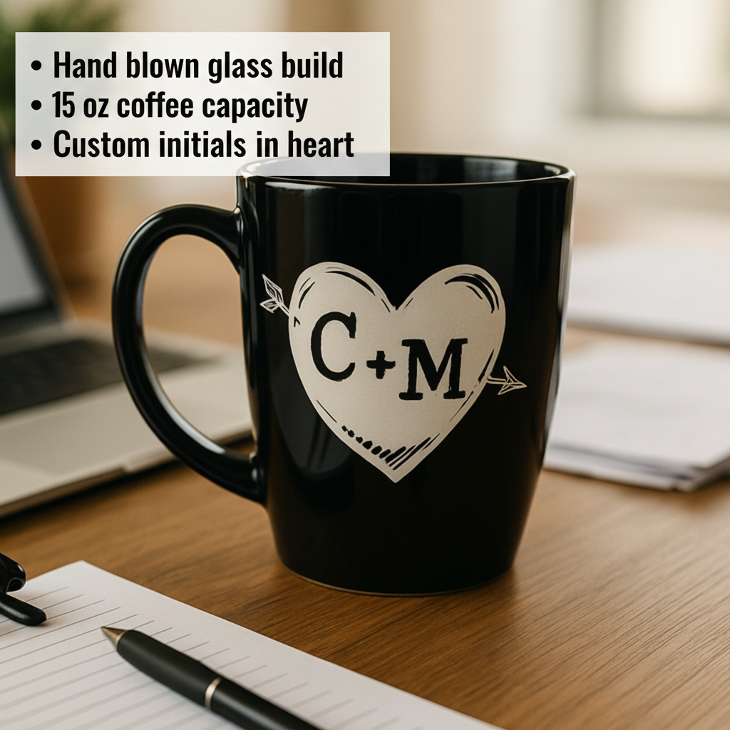 Black 15 oz mug with hand-blown glass construction, personalized with sample initials C+M engraved in heart with arrow motif