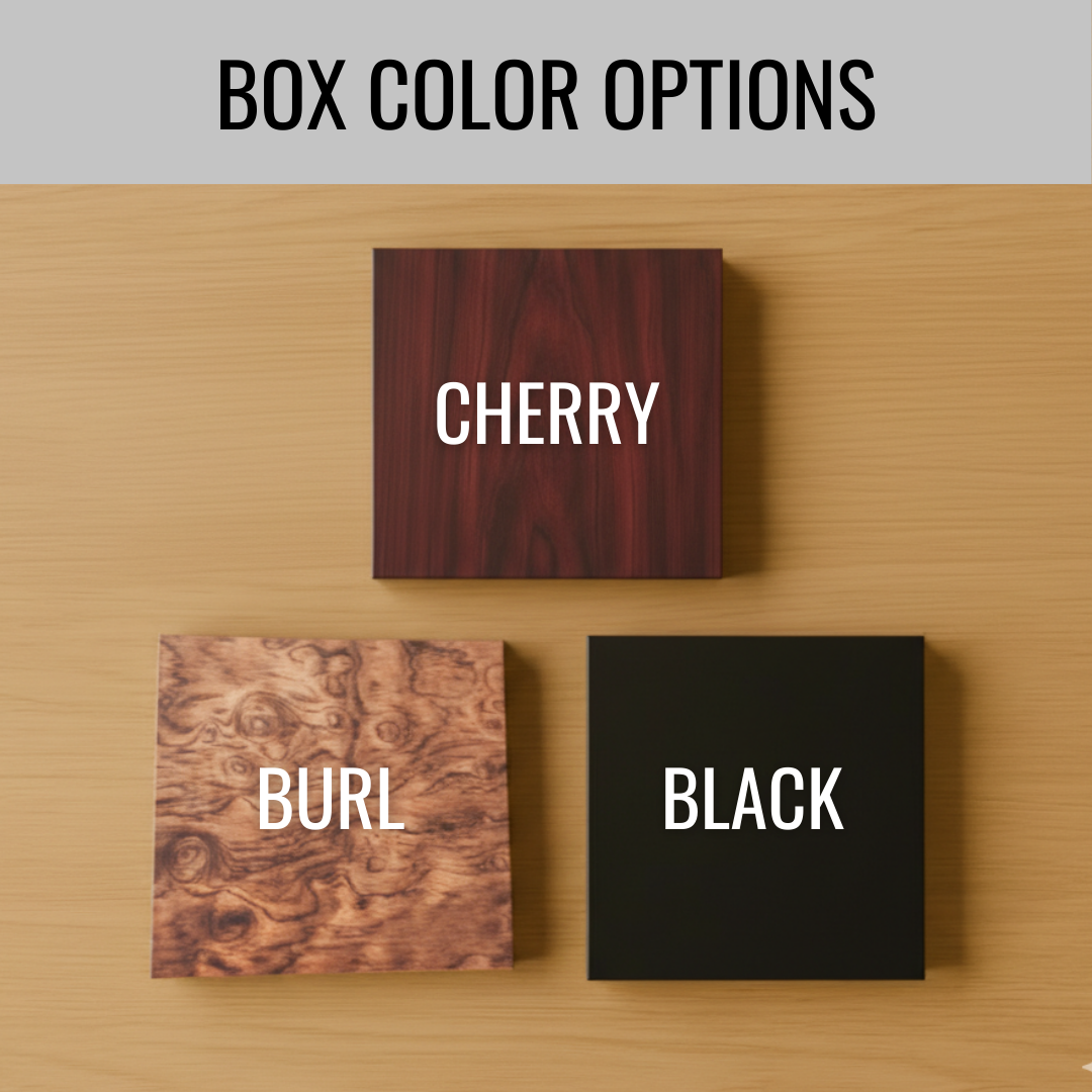 80th birthday keepsake box color options in cherry, burl, and black wood