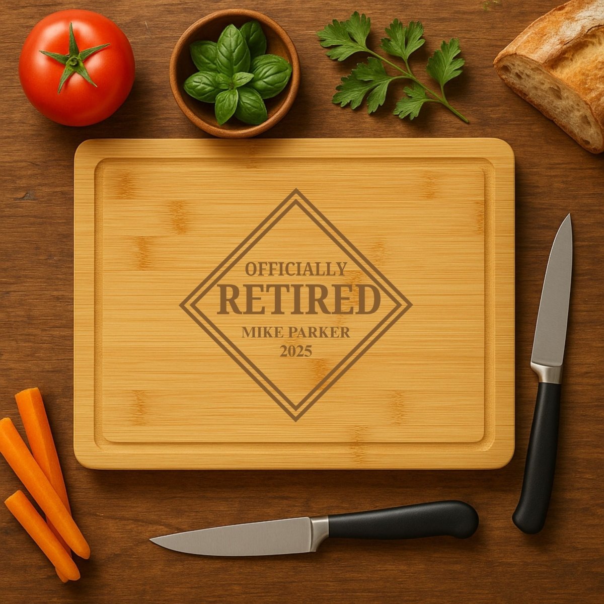 Personalized bamboo cutting board with "Officially Retired" engraving, custom name and year – retirement gift for men