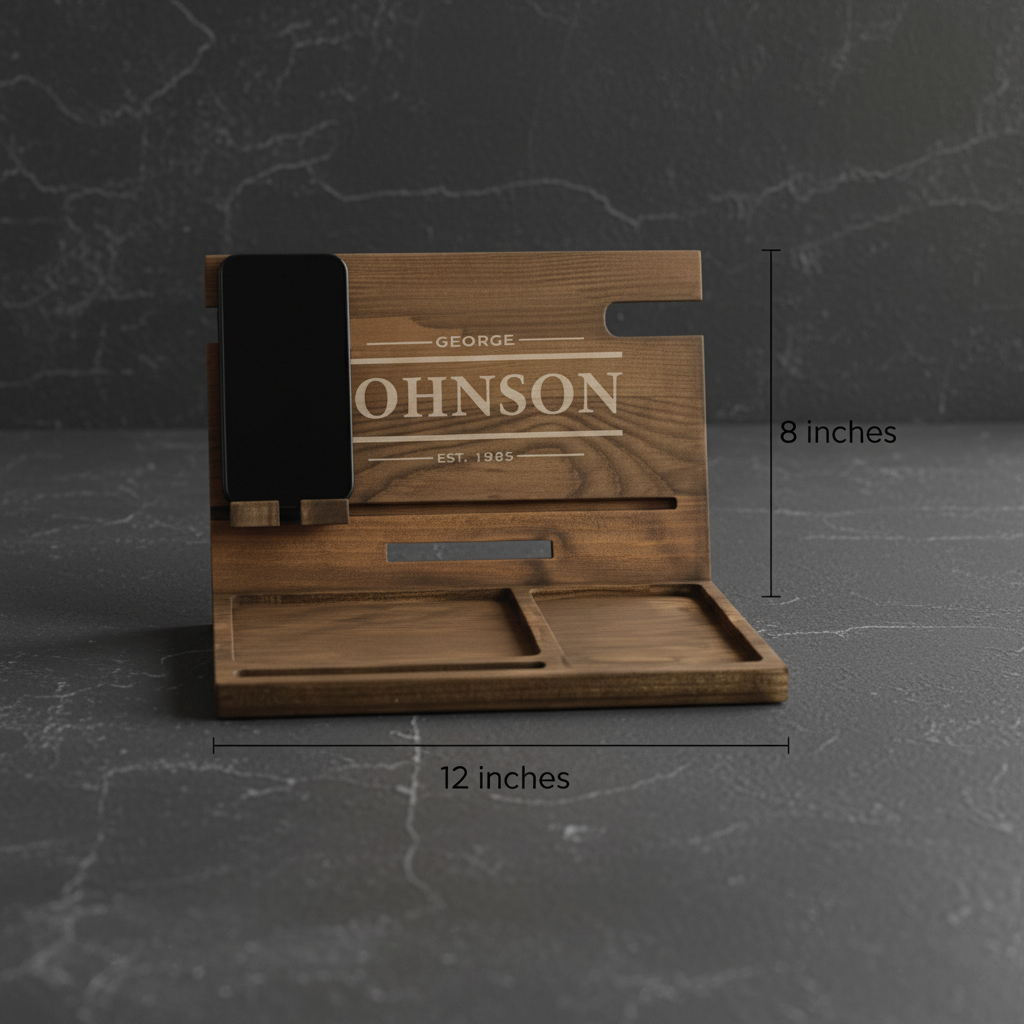 Wooden desk organizer with laser-engraved sample personalization reading "GEORGE JOHNSON EST. 1985", featuring phone slot, watch compartment, and two storage trays, measuring 12 by 8 inches