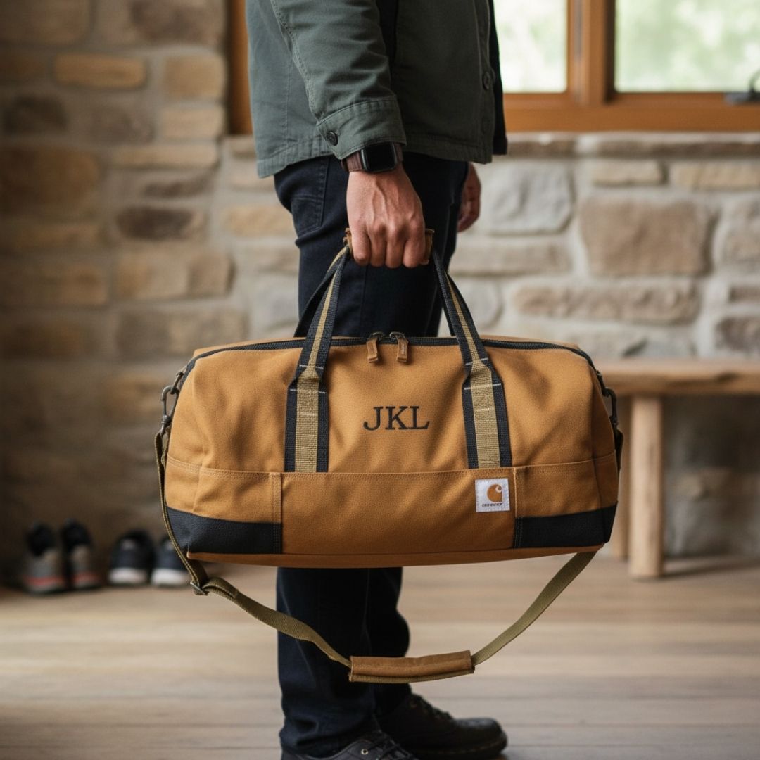 Man holding tan and black Carhartt duffel bag with monogrammed sample initials "JKL" on front panel, shoulder strap visible
