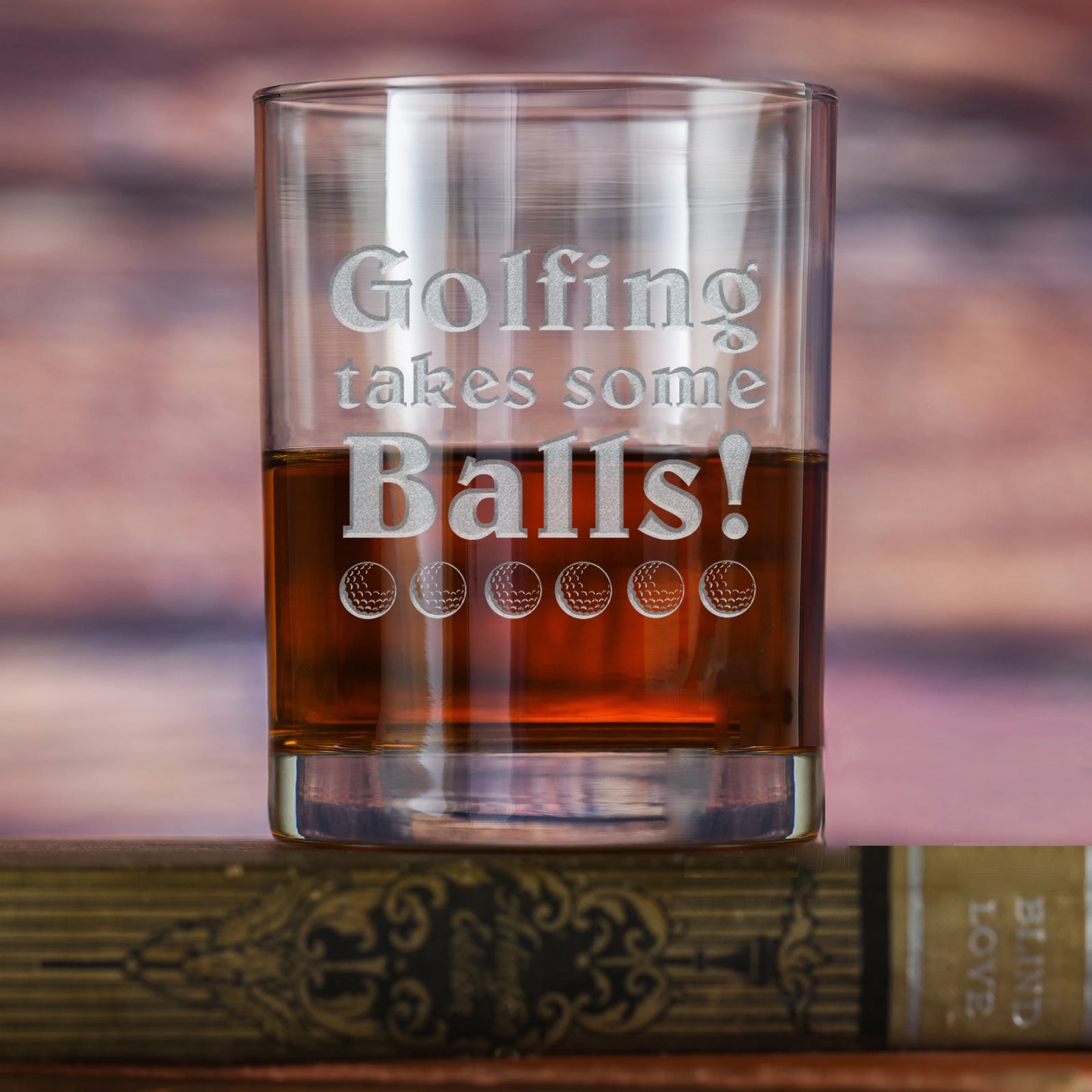 Mulligan Maker personalized golf whiskey rocks glass with sand-carved Golfing Takes Some Balls design