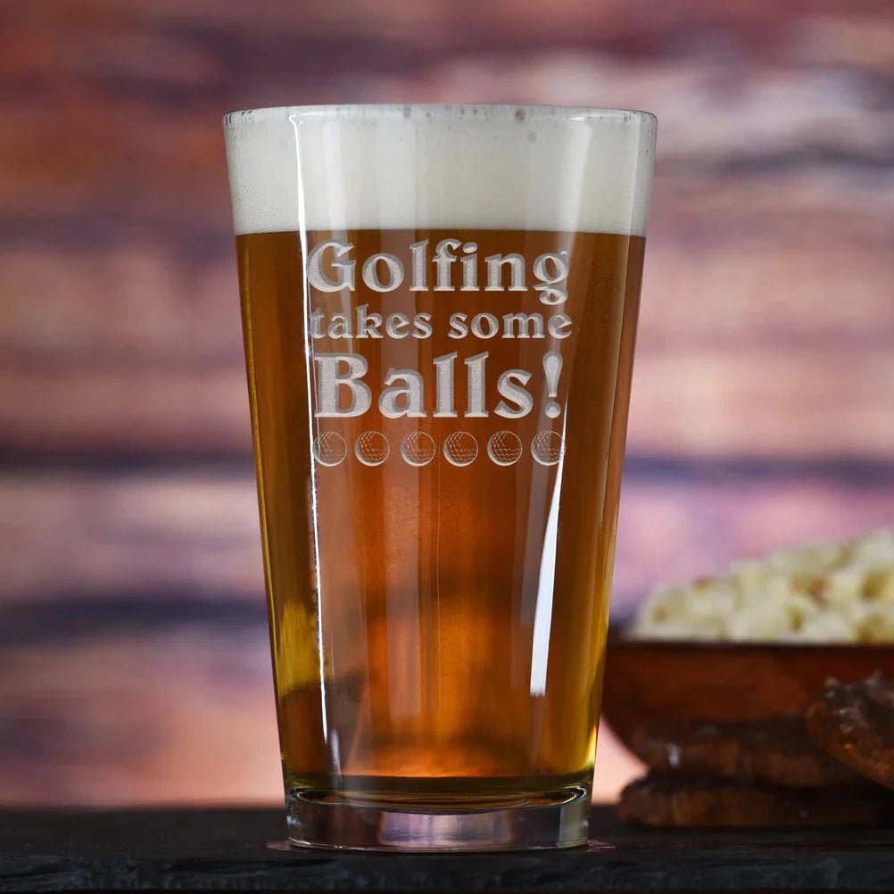 Takes Some Balls personalized golf pint glass with sand-carved iconic golf design