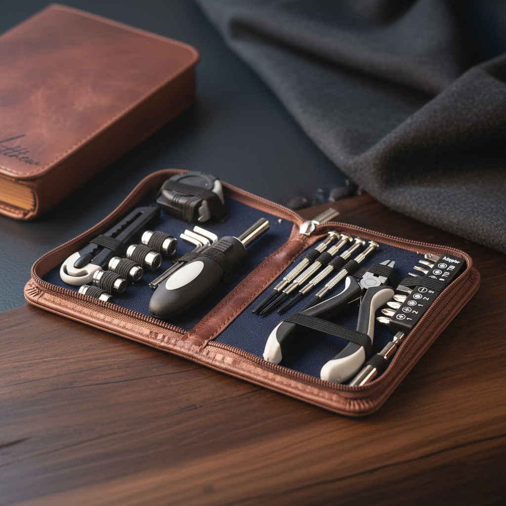 Brown leather tool case with navy interior, open to display organized sockets, screwdrivers, pliers, hex keys, utility knife, and accessories arranged in dual compartments