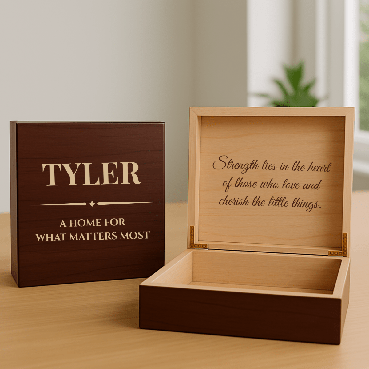 Personalized wooden keepsake box engraved with a special message for men
