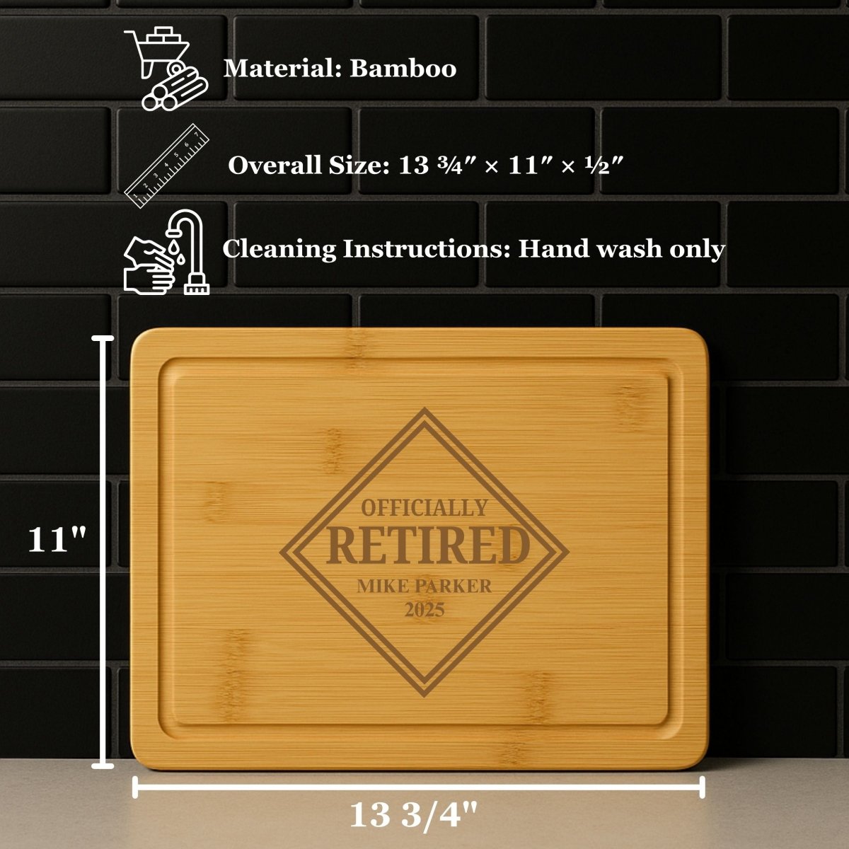 Personalized bamboo cutting board with "Officially Retired" engraving, custom name and year – retirement gift for men