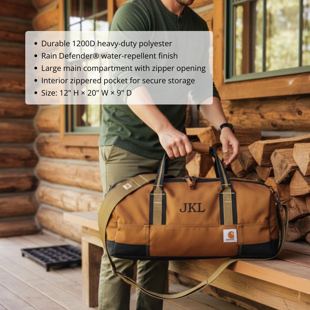 Man carrying tan canvas duffel bag with sample monogram "JKL" embroidered on front, black straps and trim visible
