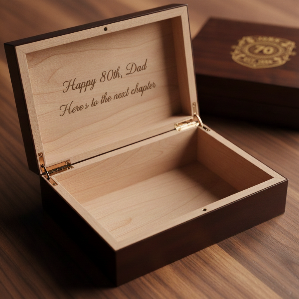 Open 80th birthday keepsake box showing a personalized message engraved inside the cedar lined lid