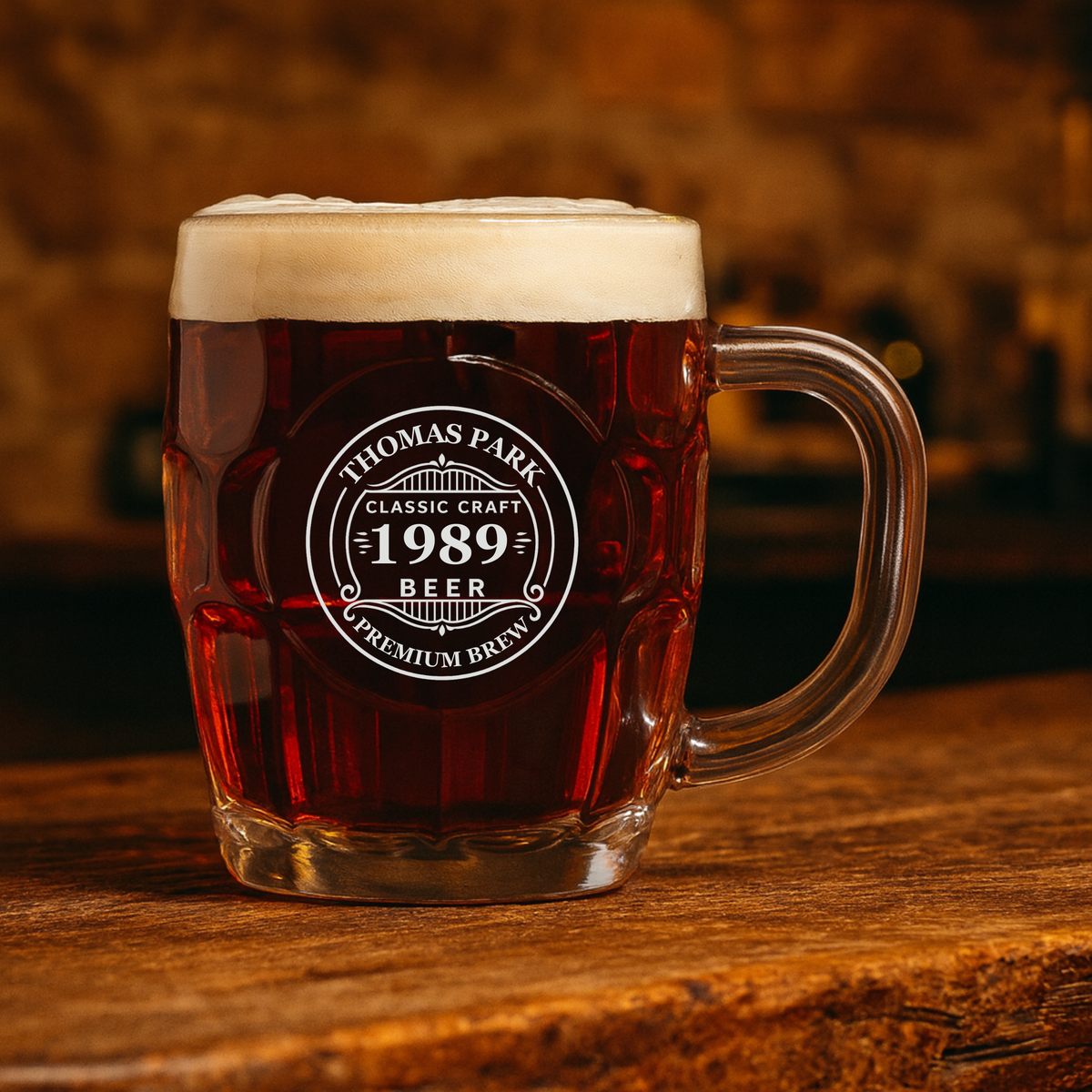 Personalized 20oz beer mug with custom name and birth year engraving