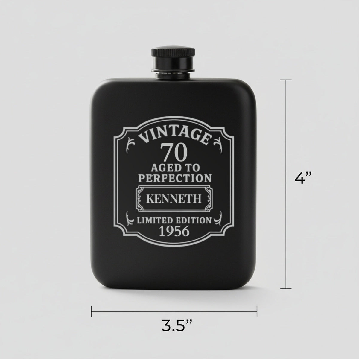 Size guide for the personalized vintage birthday flask, 3.5 inches wide by 4 inches tall, holding 6 ounces, engraved for Kenneth.