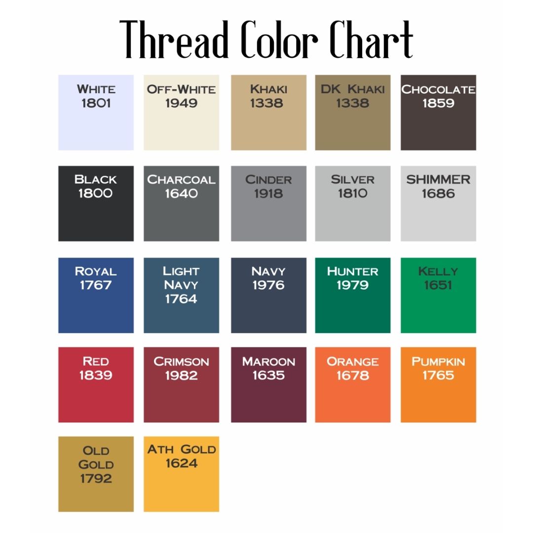 Thread color chart displaying 27 embroidery options including white, black, navy, hunter green, red, orange, gold, and neutral tones with corresponding color names and codes