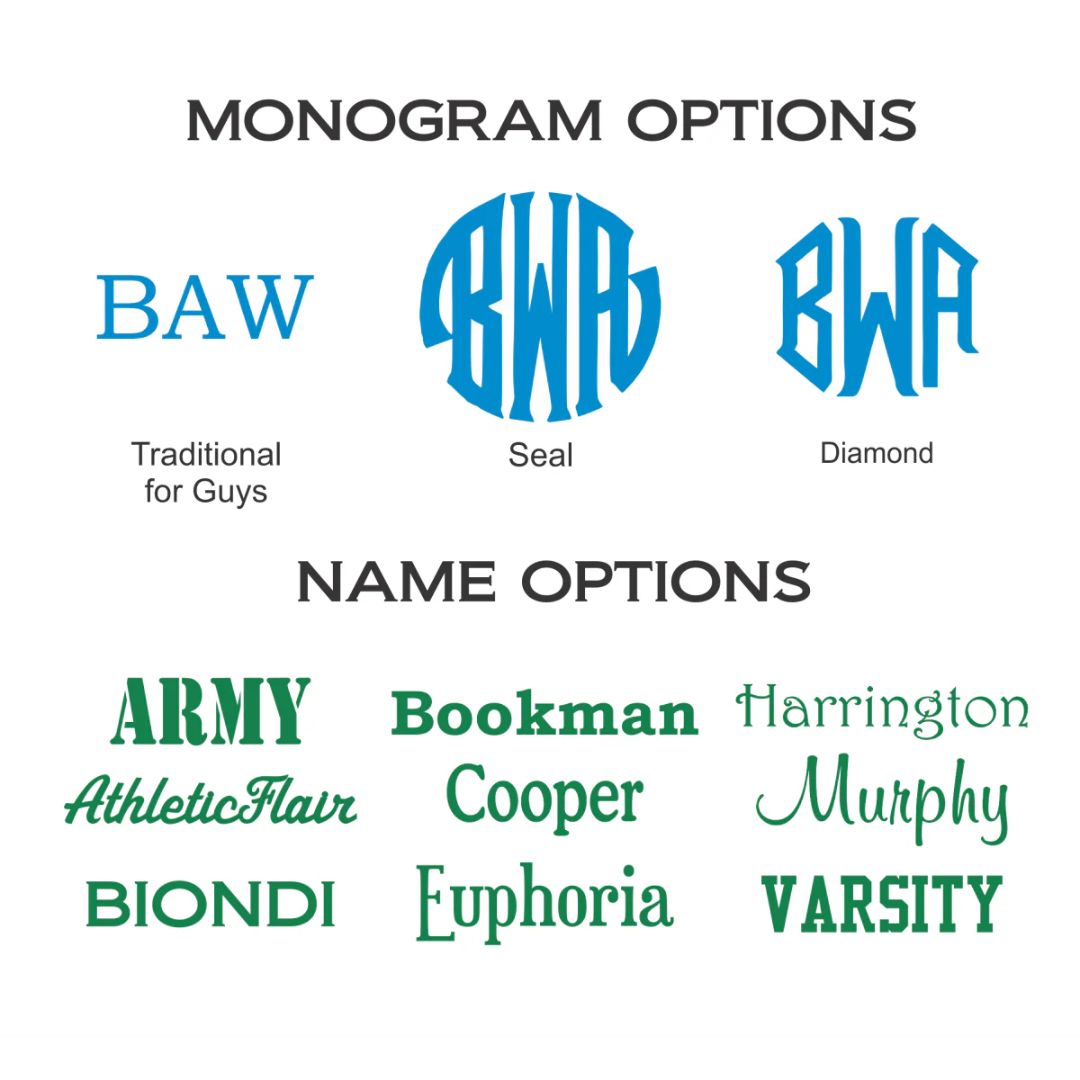 Personalization options grid showing three monogram styles (Traditional, Seal, Diamond) and nine sample name fonts in blue and green text