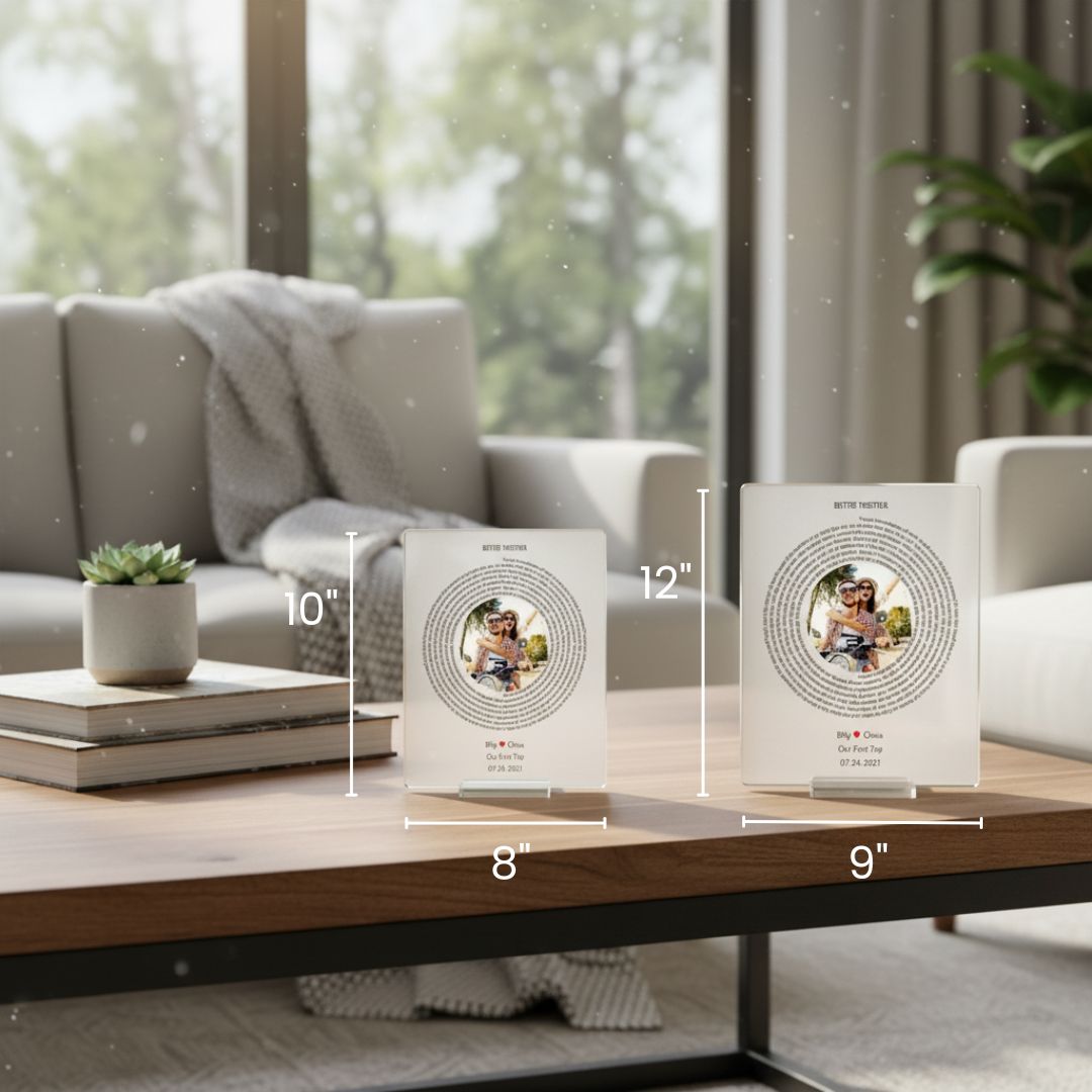Size comparison of three personalized love song plaques showing 10-inch, 12-inch, and 9-inch widths with sample photo and circular lyric design