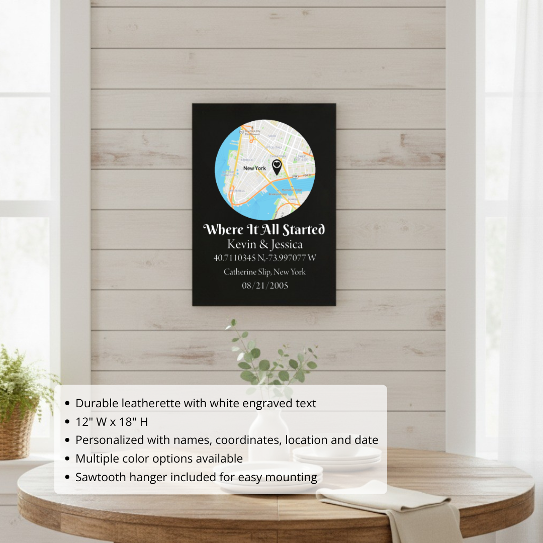 Black leatherette sign with circular map showing New York location, engraved with sample text "Where It All Started, Kevin & Jessica" and coordinates, displayed on shiplap wall
