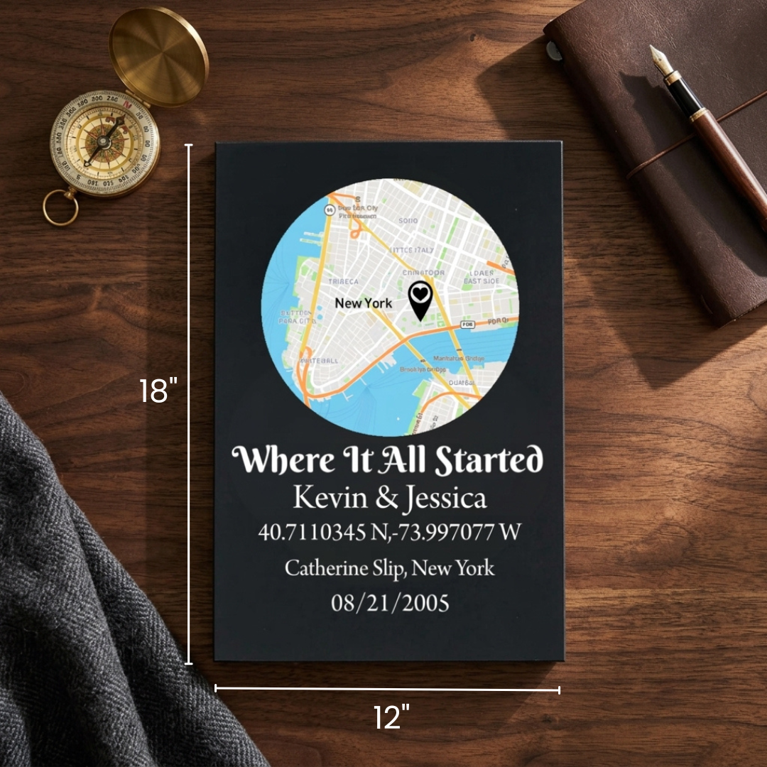 Personalized map sign with sample engraving showing "Where It All Started Kevin & Jessica" with New York map, coordinates, location and date on black background, 12" × 18