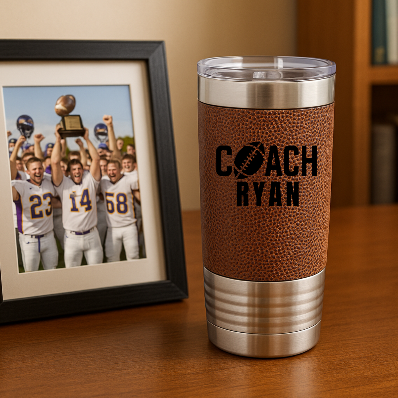 Personalized stainless steel football tumbler for coach with custom name engraving