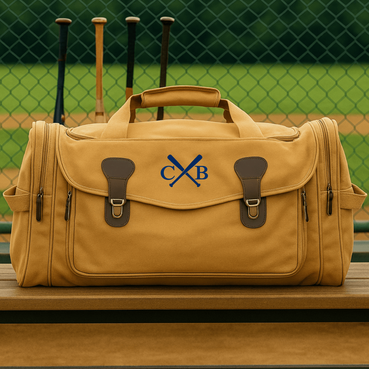 Senior baseball gift duffle with crossed bats embroidery