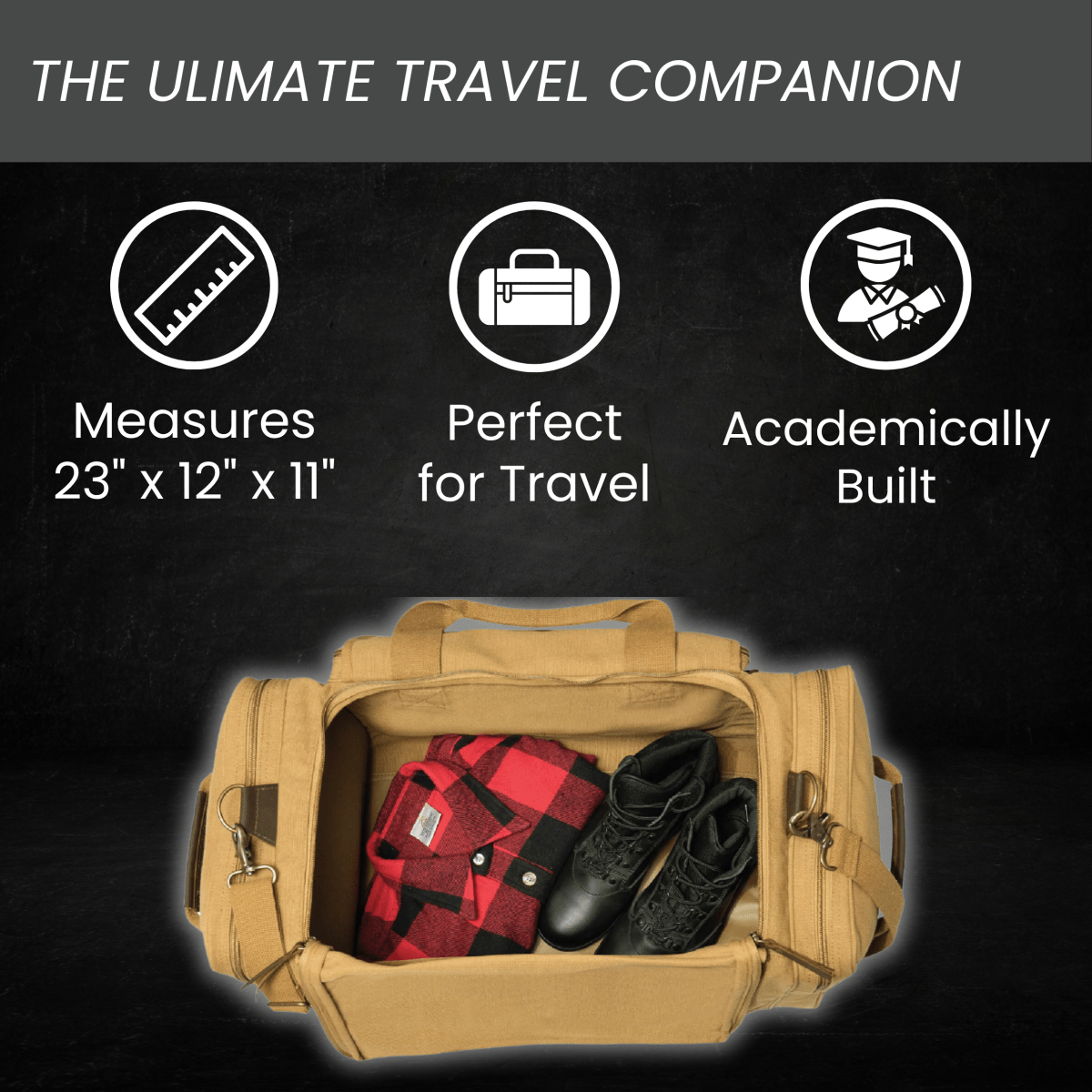 Khaki graduation duffle bag open to show a packed flannel and boots, with 23 by 12 by 11 inch measurements and an academically built icon.