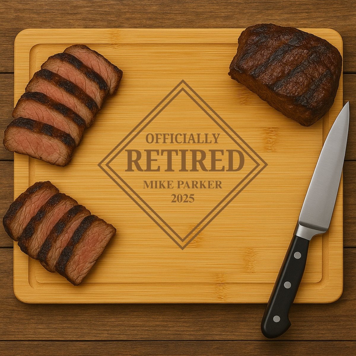 Personalized bamboo cutting board with "Officially Retired" engraving, custom name and year – retirement gift for men