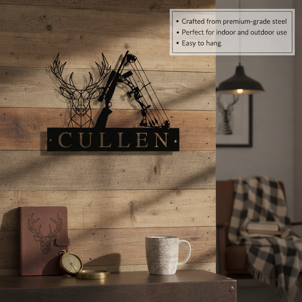 Steel wall sign with geometric deer and compound bow design, personalized with sample name "CULLEN" in gold lettering, mounted on shiplap wall above desk with hunting-themed décor