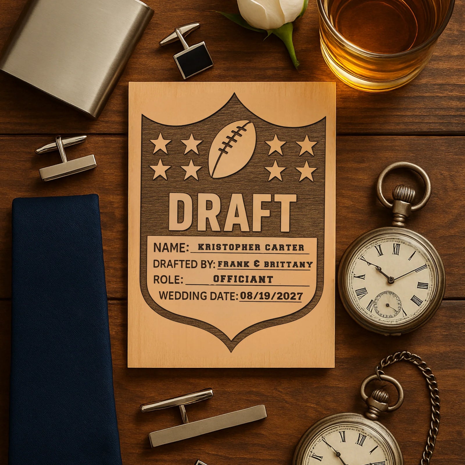 Custom wooden football groomsmen proposal card with engraved name and wedding details