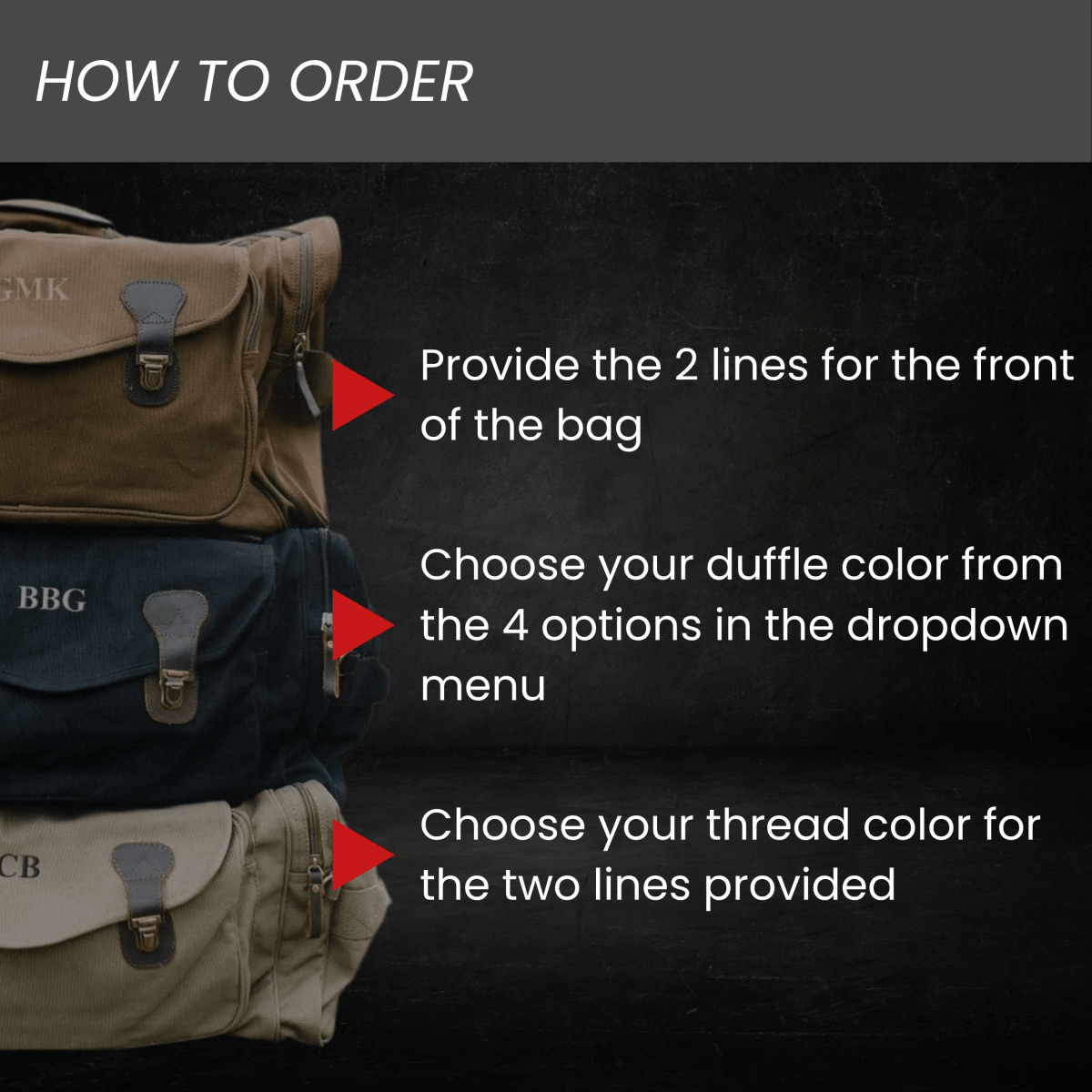 How to order the personalized graduation duffle bag: provide two lines of text, choose from four bag colors, then pick a thread color.