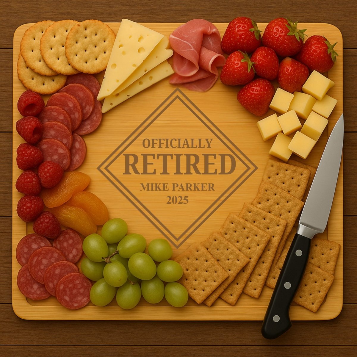 Personalized bamboo cutting board with "Officially Retired" engraving, custom name and year – retirement gift for men