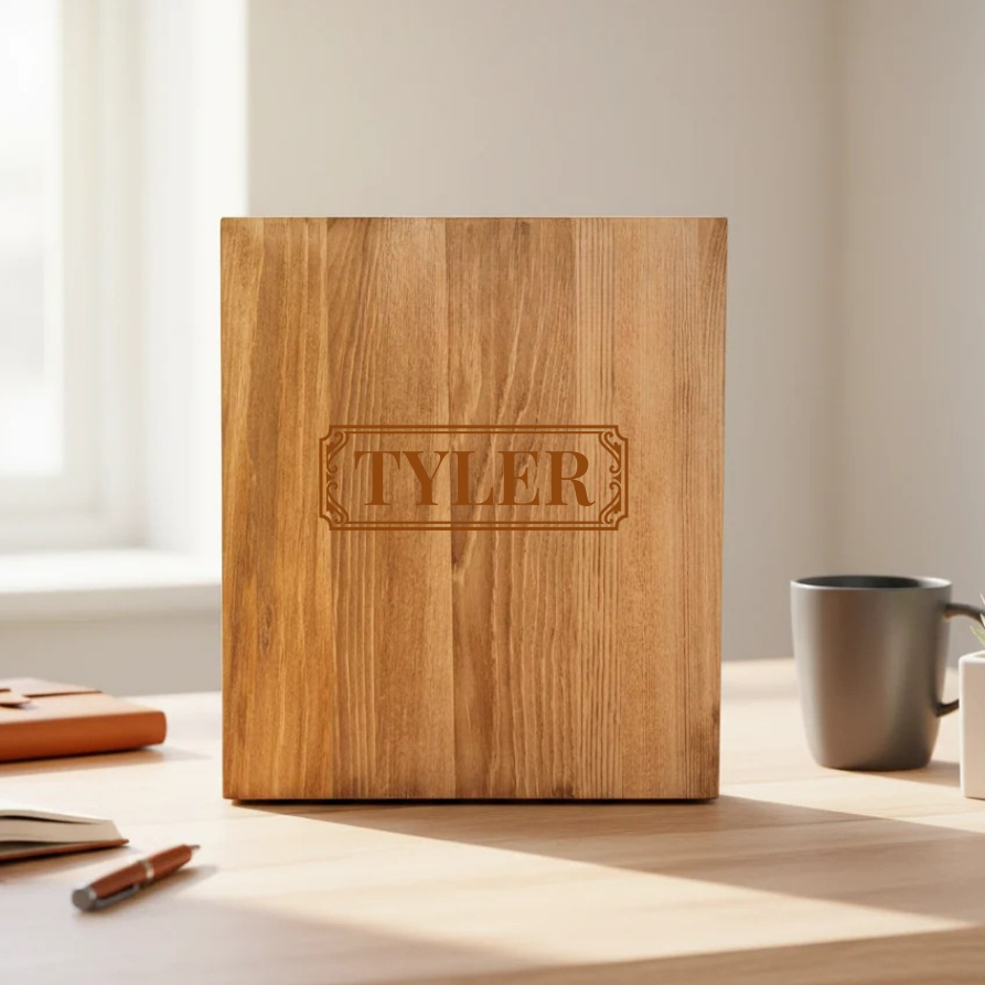 Closed handcrafted pine keepsake box for the personalized 25th birthday whiskey decanter set, engraved on the front with a sample name