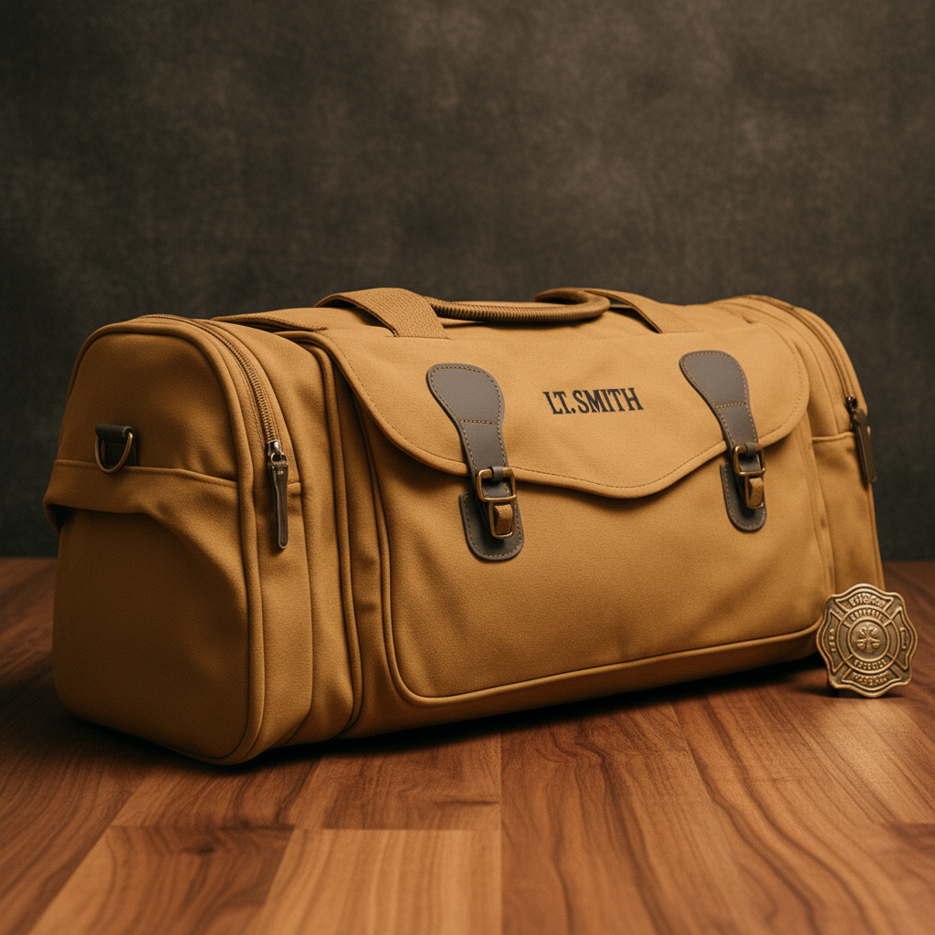 Tan canvas duffle bag with gray leather handles and straps, personalized with sample engraving "LT.SMITH" on the front flap