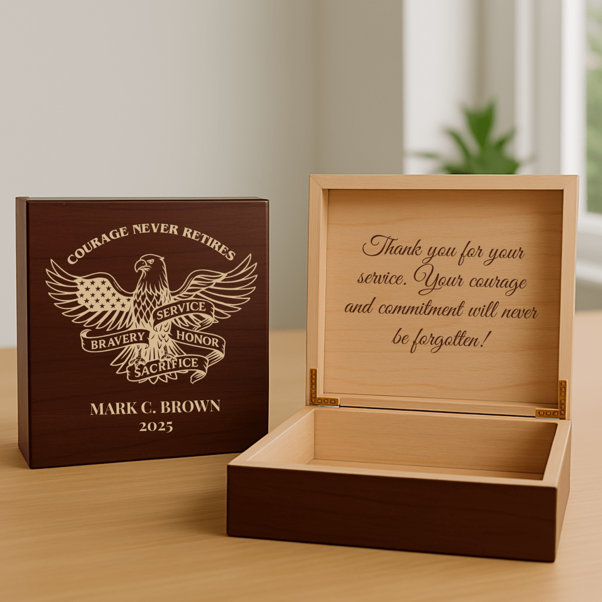 Personalized military retirement keepsake box with eagle design and engraved thank-you message