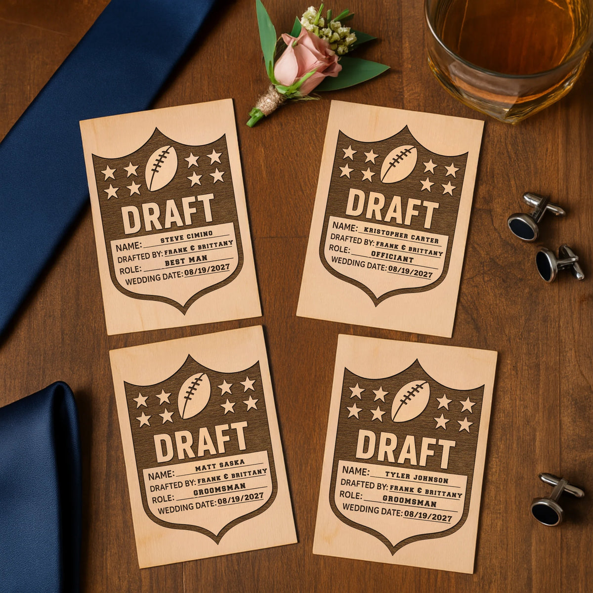 Custom wooden football groomsmen proposal card with engraved name and wedding details