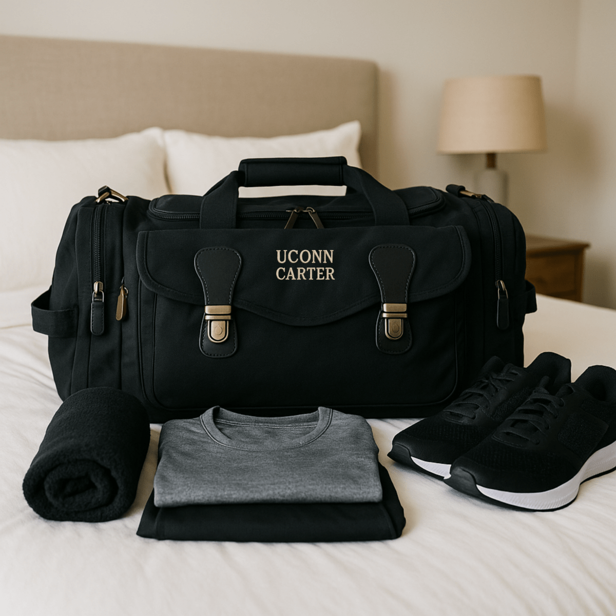Black graduation duffle bag embroidered UCONN CARTER on a bed beside folded clothes, a blanket and sneakers packed for college.