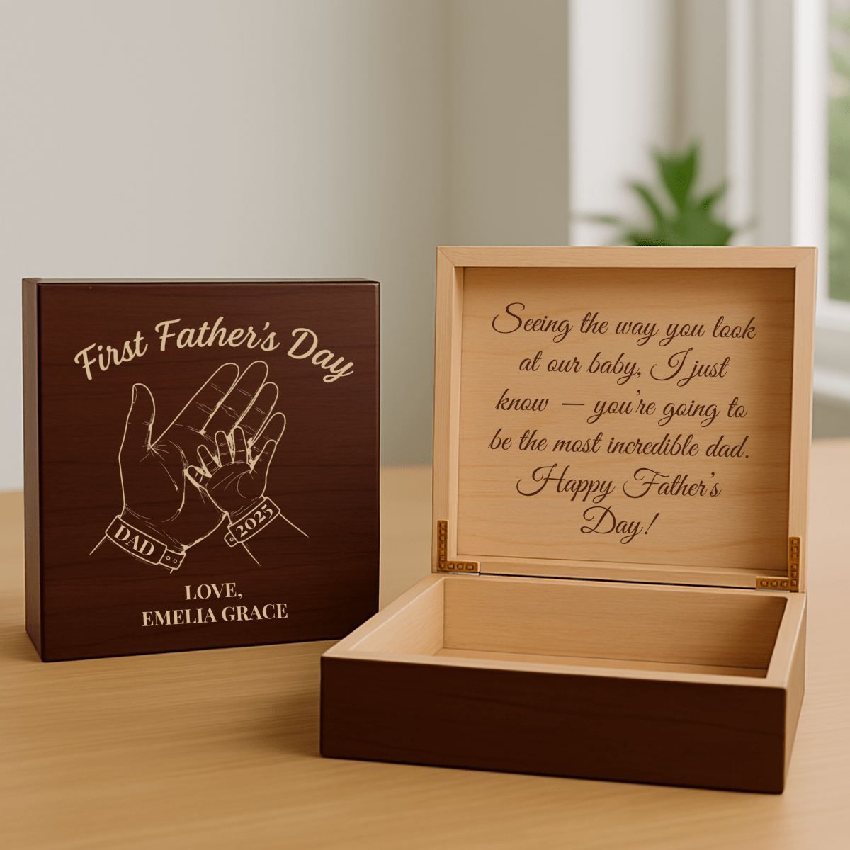 Personalized First Father&#39;s Day Keepsake Box with Engraved Handprint and Message