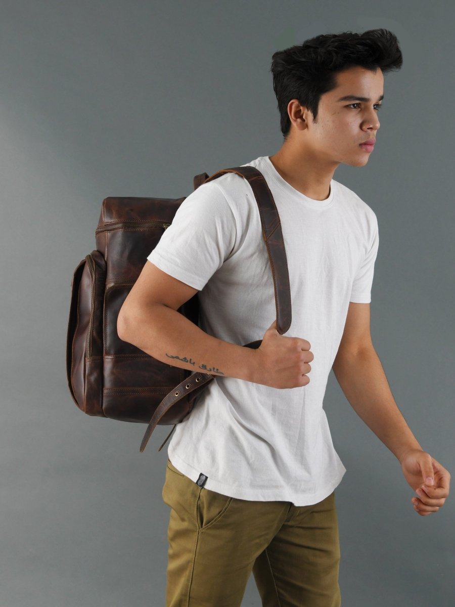 Unique Personalized Alpha Brown Buffalo Leather Travel Backpack Customized Backpacks Gifts for Men by Groovy Guy